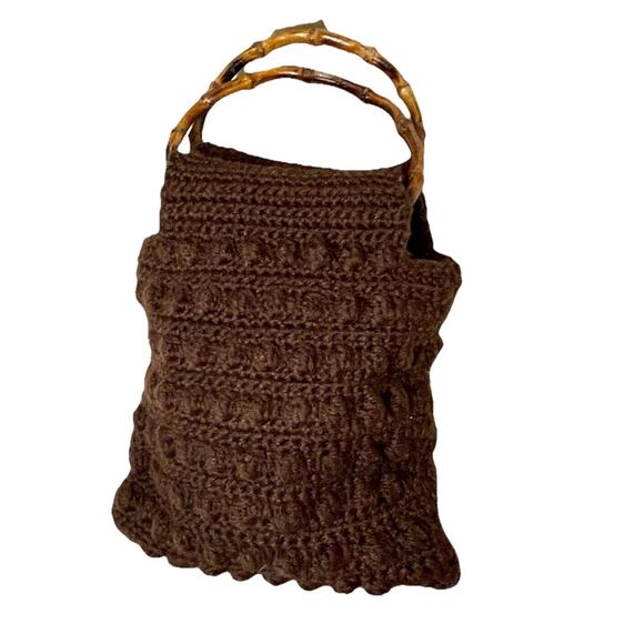 Handmade Crochet Chunky Knit Boho Brown Hand Bag 70s Grannycore Bamboo Handles - Picture 2 of 10